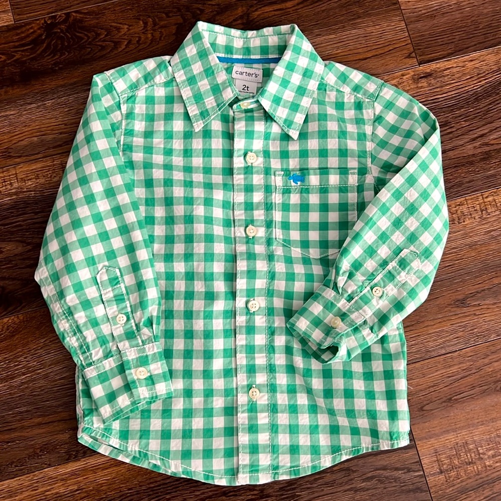 Carters size 2T green and white button down shirt.